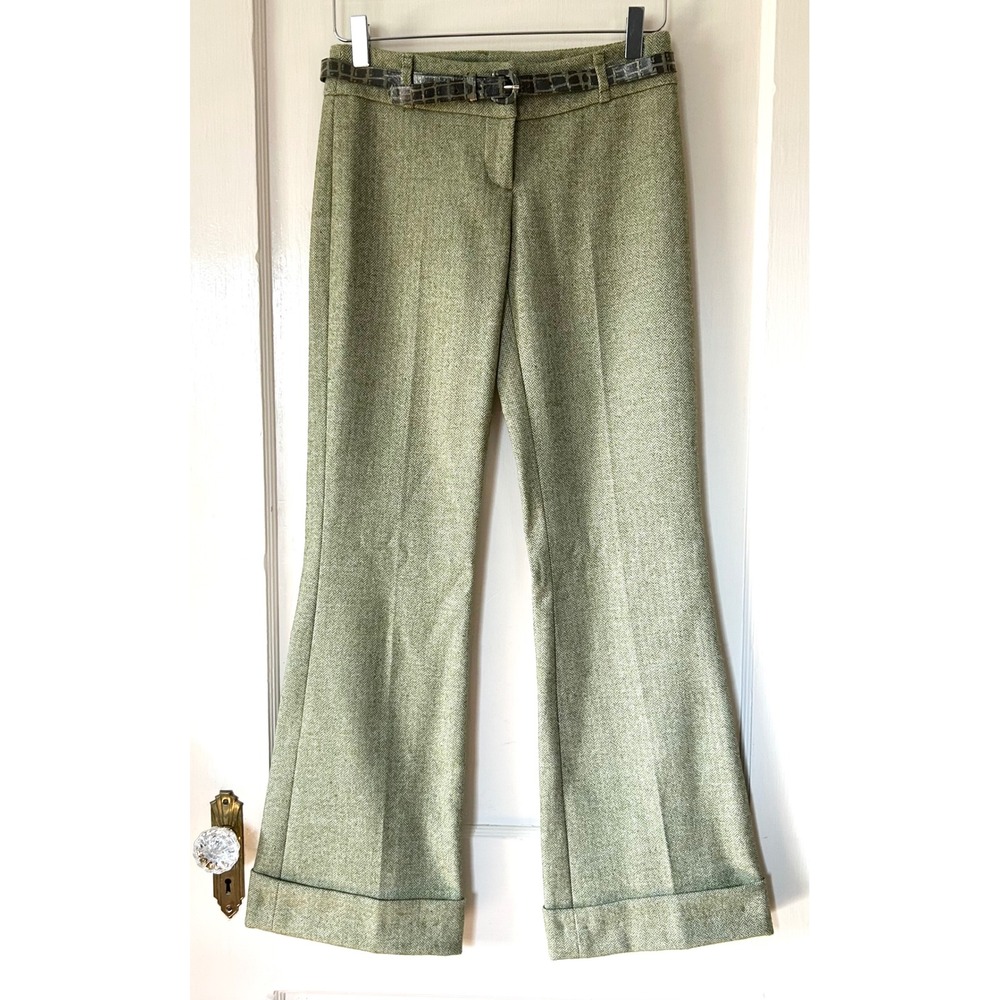 Vtg Y2K Bebe‎ Low Rise Belted Wool Blend Cuffed Flare Pants Green Tweed 0 Bratz